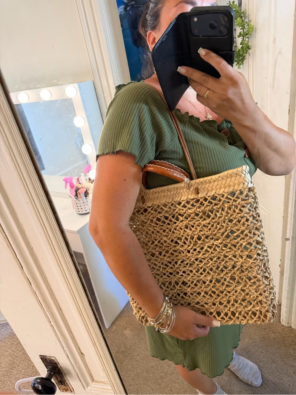 Woven Straw Tote with Brown Leather-Wrapped Handles - Picture 10 of 12